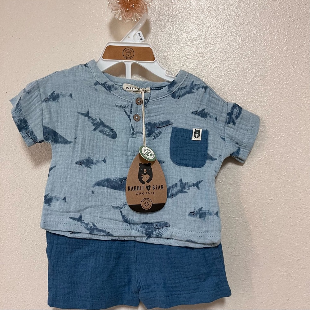 NWT Rabbit & Bear Organics 3-6 Months Blue W/ Sharks Super Soft Shorts Set